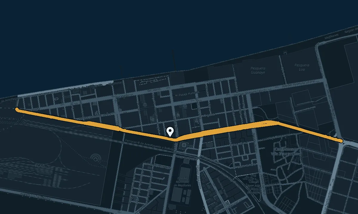 Mapa de Mejillones con la Avenida Andalicán en ámbar y un pin blanco en la fábrica, en Av. Andalicán 757